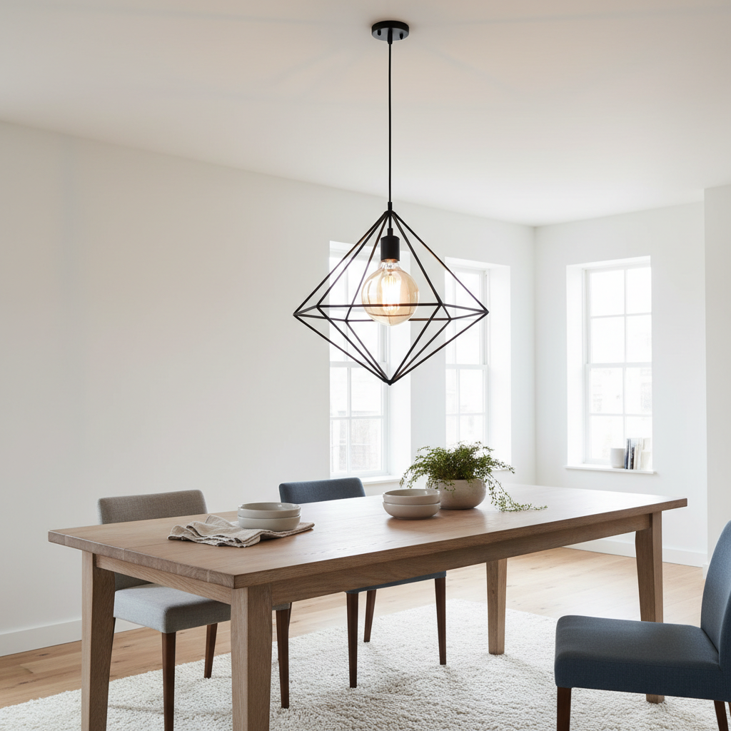 Minimalist geometric black metal pendant light with Edison bulb over dining table