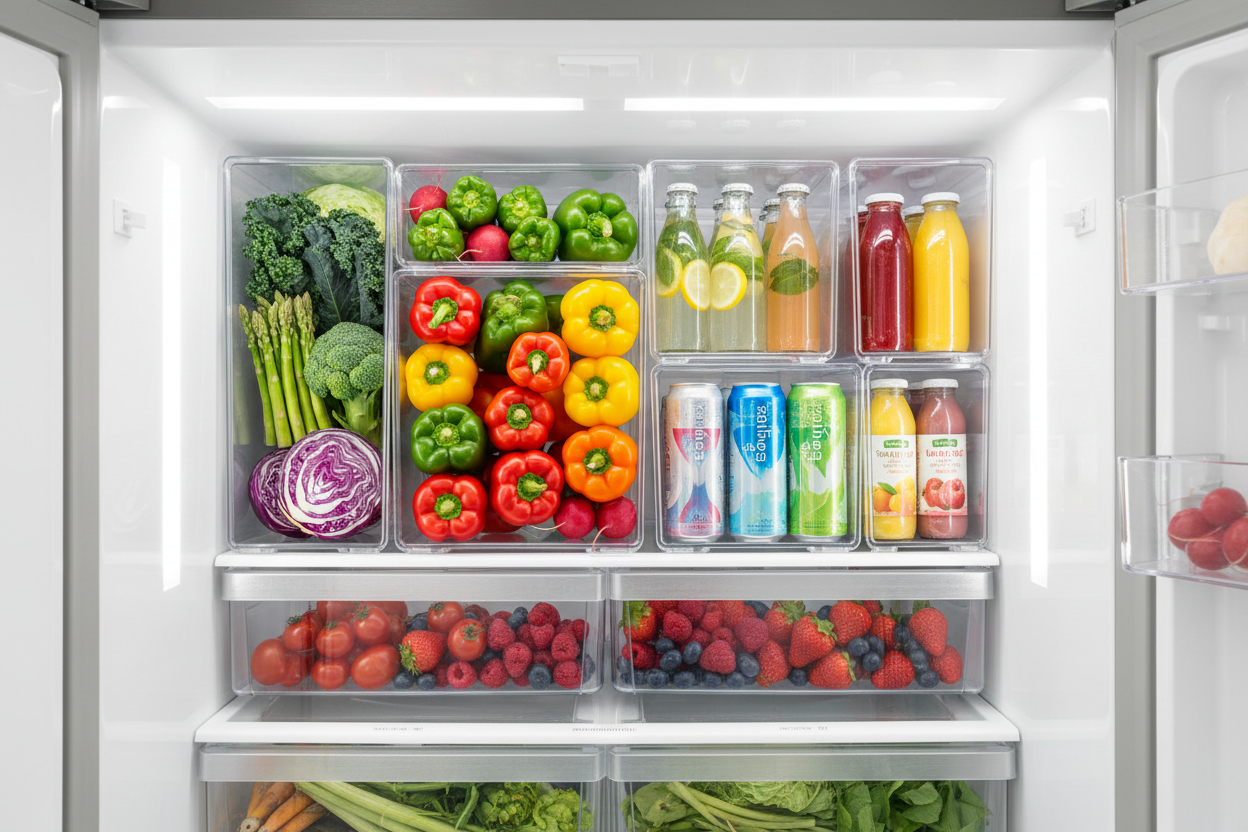 Flat lay of clear fridge storage bins with colorful produce