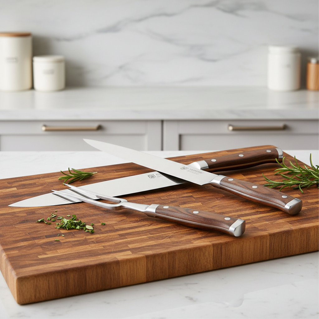 Professional carving knife set with stainless steel blades on wooden cutting board