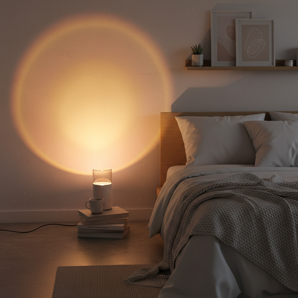 Sunset projection lamp casting warm golden glow on bedroom wall