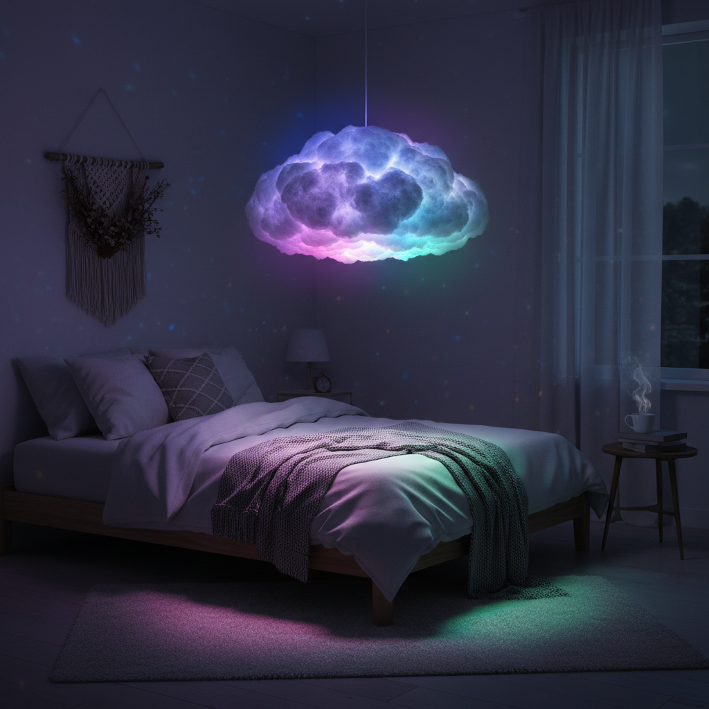 RGB LED cloud lamp with colorful lightning effect in dark bedroom