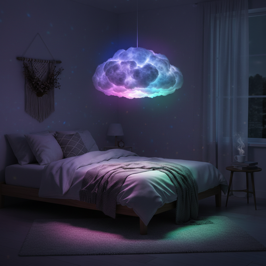 RGB LED cloud lamp with colorful lightning effect in dark bedroom