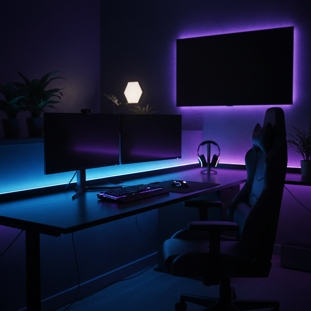 RGB LED strip lights glowing blue and purple behind gaming desk and TV