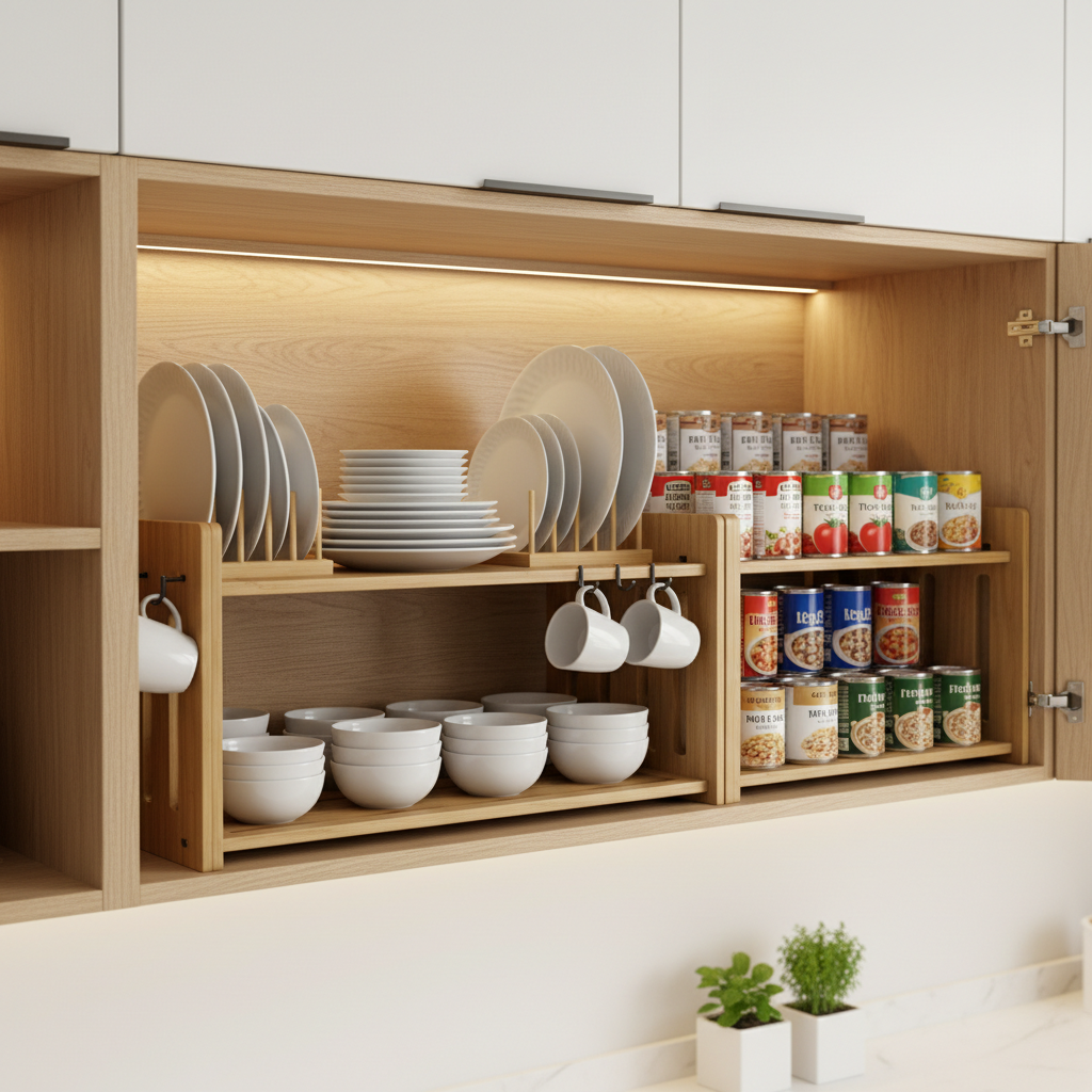 Expandable cabinet shelf risers organizing kitchen cabinet