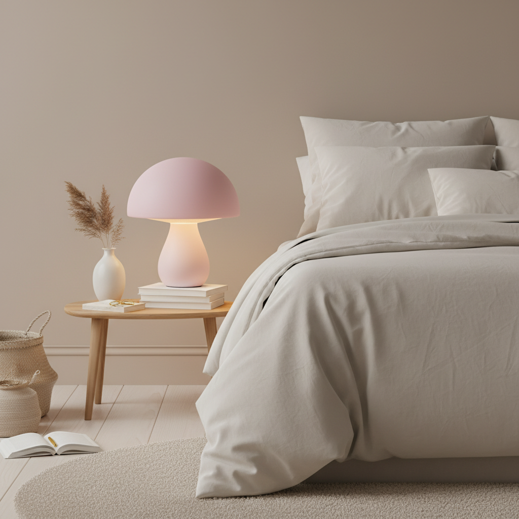 Pastel pink mushroom table lamp glowing on bedside table