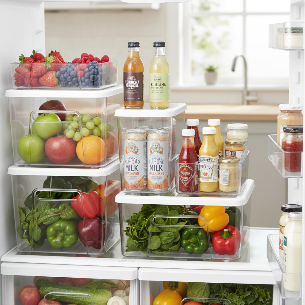 Stackable clear fridge organizer bins on refrigerator shelves