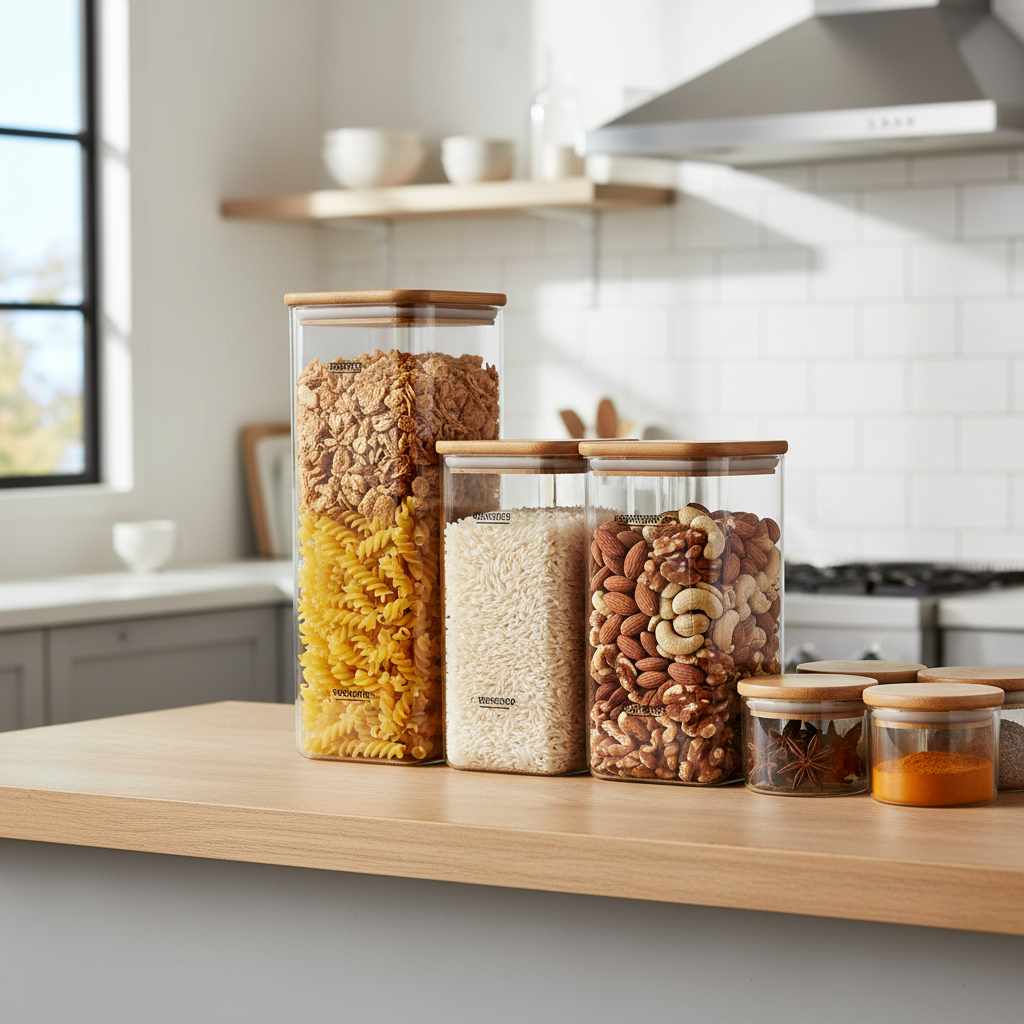 Airtight pantry storage containers on kitchen shelf
