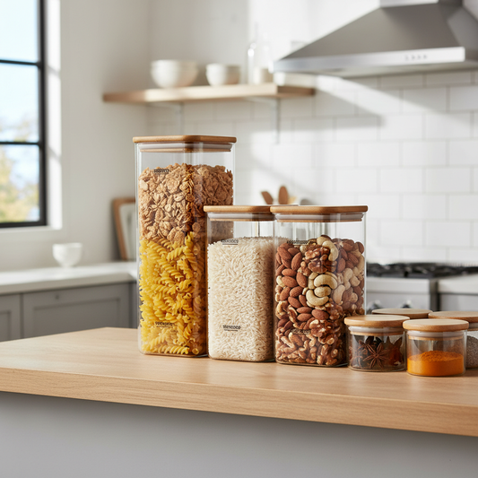 Airtight pantry storage containers on kitchen shelf
