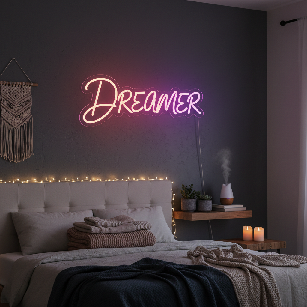 Custom LED neon sign glowing pink and purple on bedroom wall