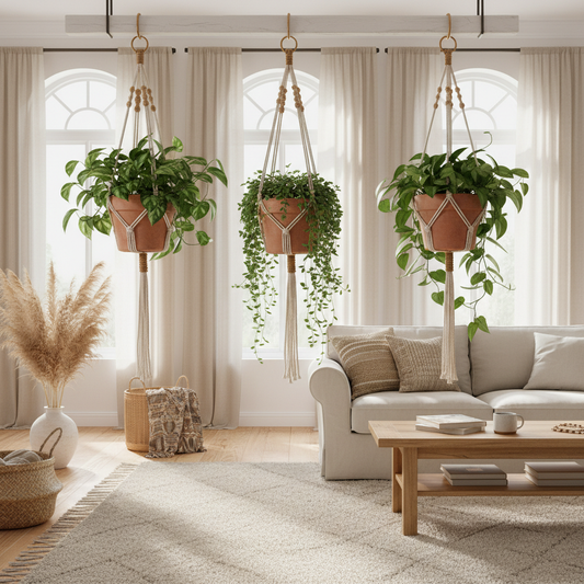 Boho macramé plant hangers with trailing green plants in sunlit living room