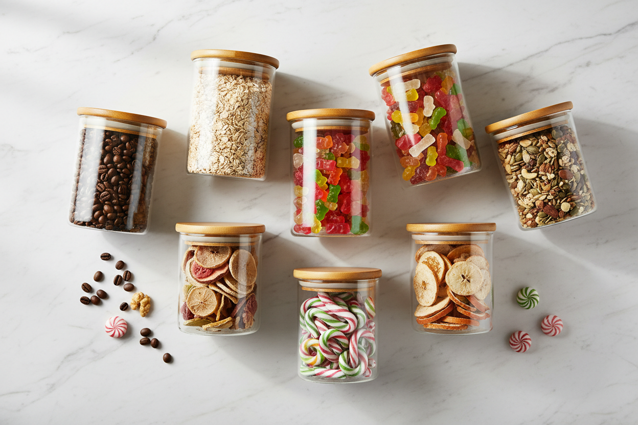 Flat lay of clear airtight food storage jars on marble surface