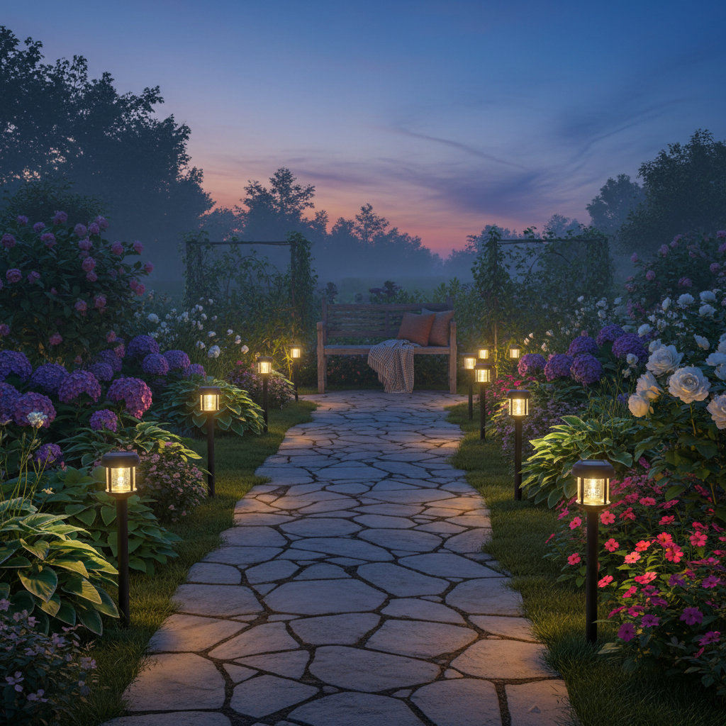 Solar LED garden stake lights glowing along garden pathway at dusk